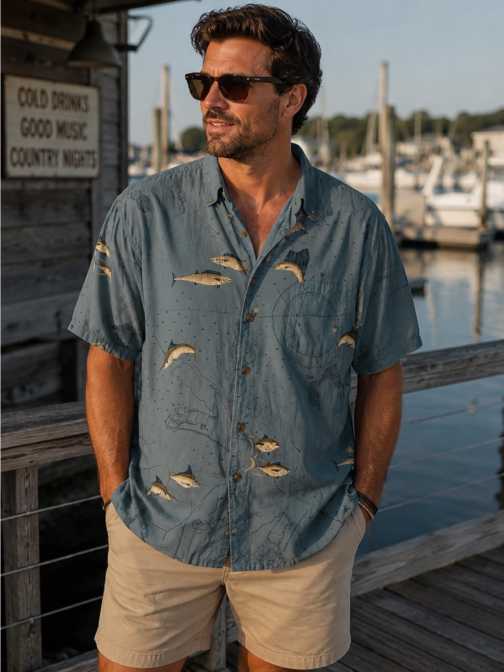Hook & Tackle Ocean Fish Print Button-Up Shirt in Slate Blue